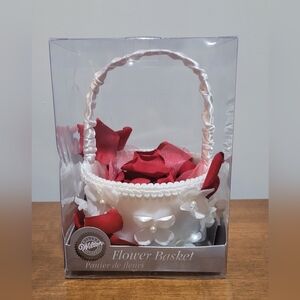 Wedding Flower Basket. Satin Trimmed with Faux Red Rose Petals